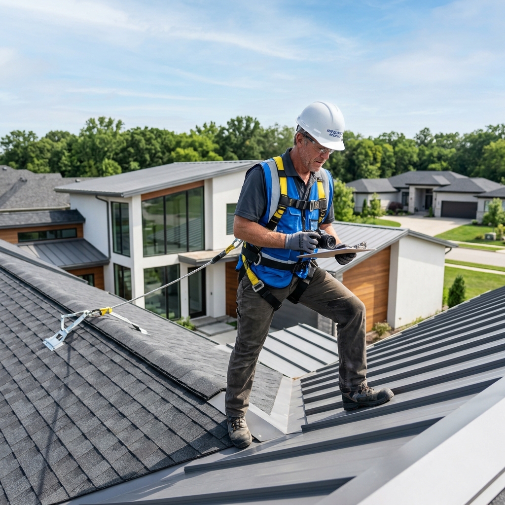 Roofing professional inspecting a roof